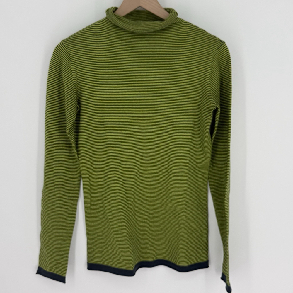 Title Nine Sweater Women Small Green Synergy Striped Lightweight Rolled Mockneck